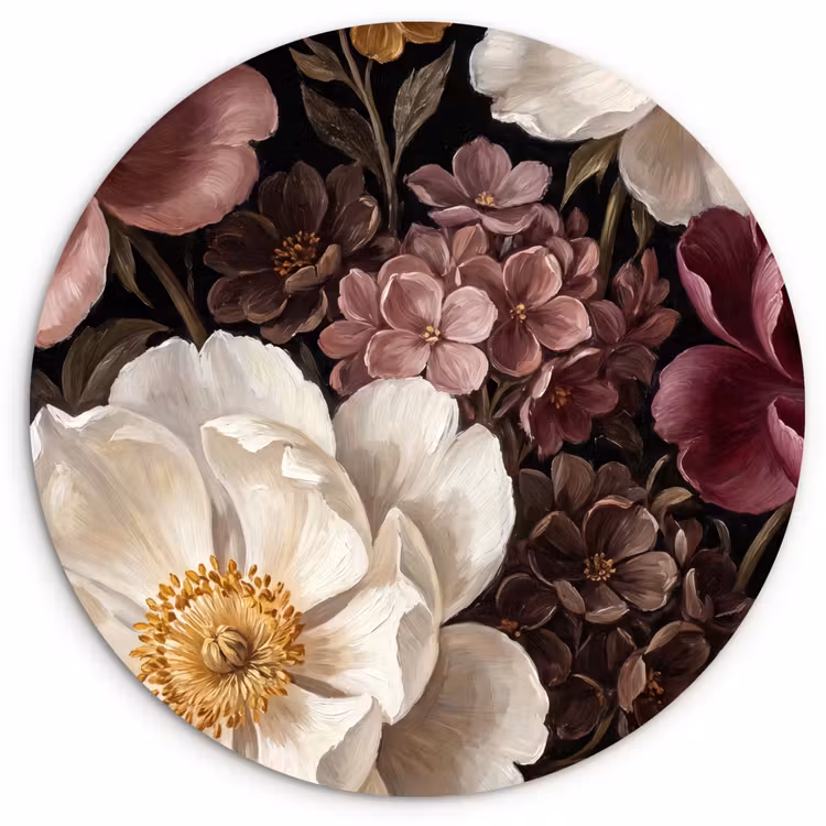Bloemen - Boeket - Klassiek - Donker - Rood Wandcirkel kunststof plaat 5mm dik klein -3d