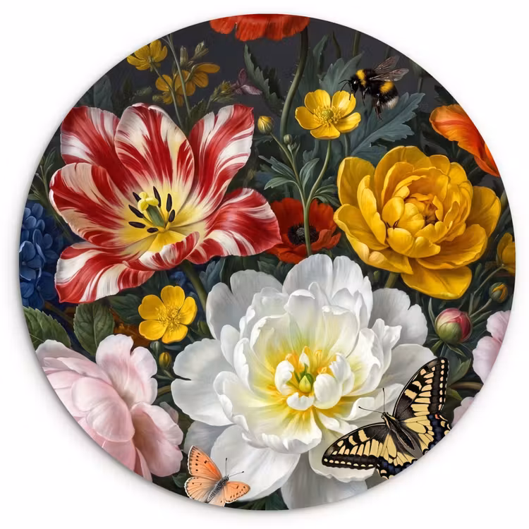 Bloemen - Boeket - Klassiek - Kleurrijk - Natuur Wandcirkel kunststof plaat 5mm dik klein -3d
