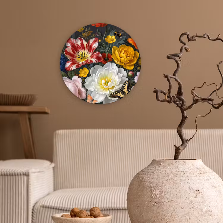 Bloemen - Boeket - Klassiek - Kleurrijk - Natuur Wandcirkel kunststof plaat 5mm dik klein -sfeer1