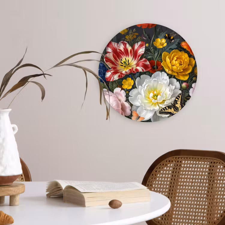 Bloemen - Boeket - Klassiek - Kleurrijk - Natuur Wandcirkel kunststof plaat 5mm dik klein -sfeer4
