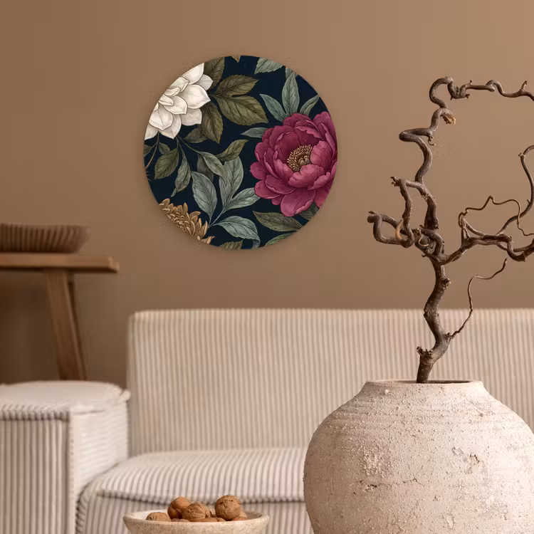 Bloemen - Botanisch - Illustratie - Donker - Vintage Wandcirkel kunststof plaat 5mm dik klein -sfeer1