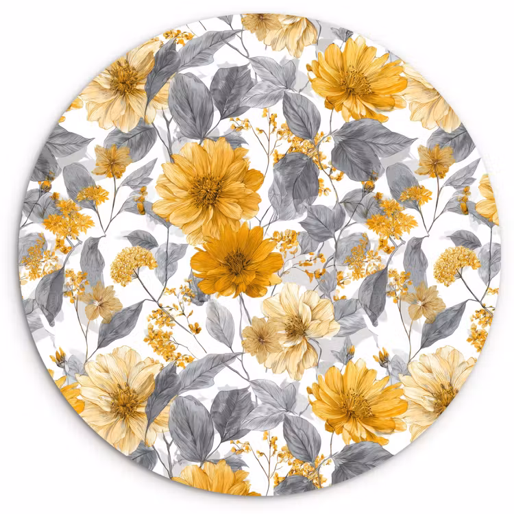 Bloemen - Botanisch - Elegant - Okergeel - Grijs Wandcirkel kunststof plaat 5mm dik klein 188 -3d