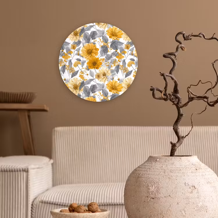 Bloemen - Botanisch - Elegant - Okergeel - Grijs Wandcirkel kunststof plaat 5mm dik klein 188 -sfeer1