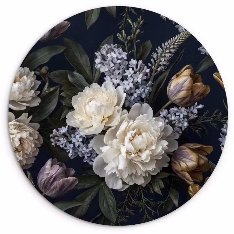 Bloemen - Donker - Elegant - Natuur - Wit Wandcirkel kunststof plaat 5mm dik klein -3d