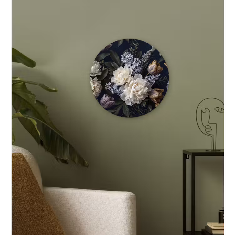 Bloemen - Donker - Elegant - Natuur - Wit Wandcirkel kunststof plaat 5mm dik klein -sfeer3