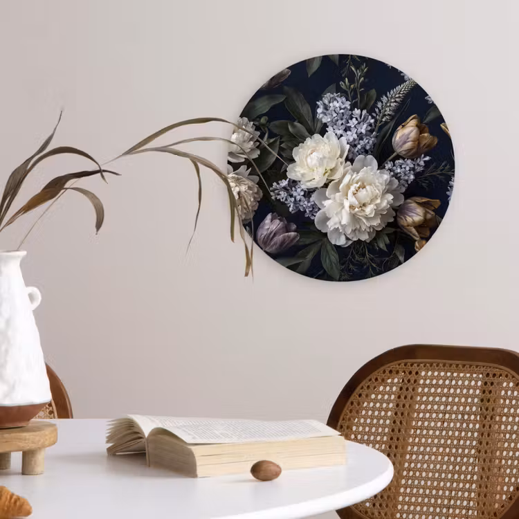 Bloemen - Donker - Elegant - Natuur - Wit Wandcirkel kunststof plaat 5mm dik klein -sfeer4