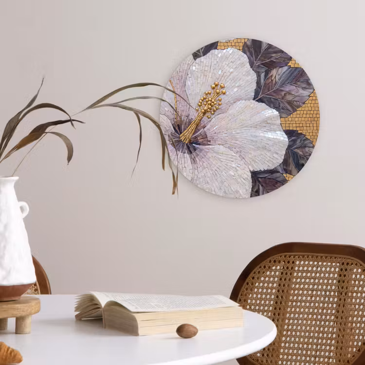 Bloemen - Mozaïek - Kunst - Modern - Goud Wandcirkel kunststof plaat 5mm dik klein -sfeer4