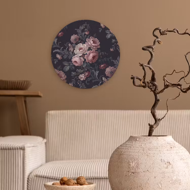 Bloemen - Patroon - Sierlijk - Roze - Donker Wandcirkel kunststof plaat 5mm dik klein -sfeer1