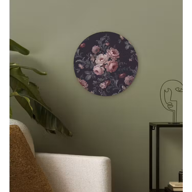 Bloemen - Patroon - Sierlijk - Roze - Donker Wandcirkel kunststof plaat 5mm dik klein -sfeer3