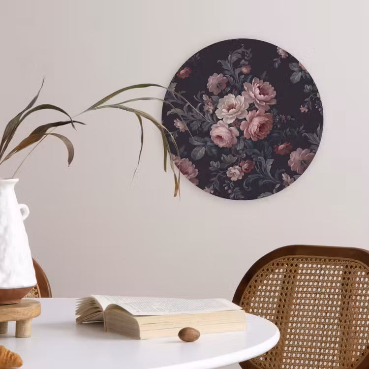 Bloemen - Patroon - Sierlijk - Roze - Donker Wandcirkel kunststof plaat 5mm dik klein -sfeer4
