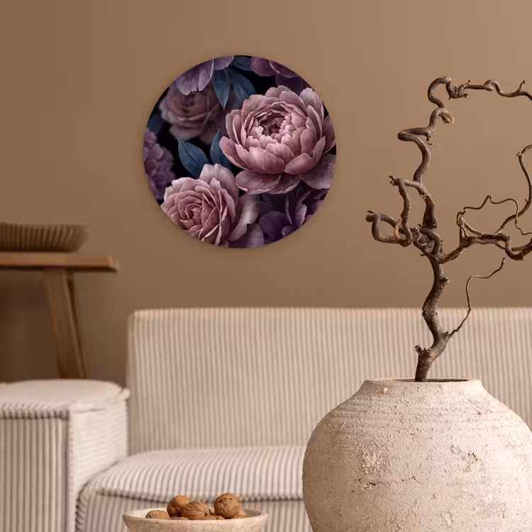 Bloemen - Patroon - Donker - Botanisch - Paars Wandcirkel kunststof plaat 5mm dik klein -sfeer1