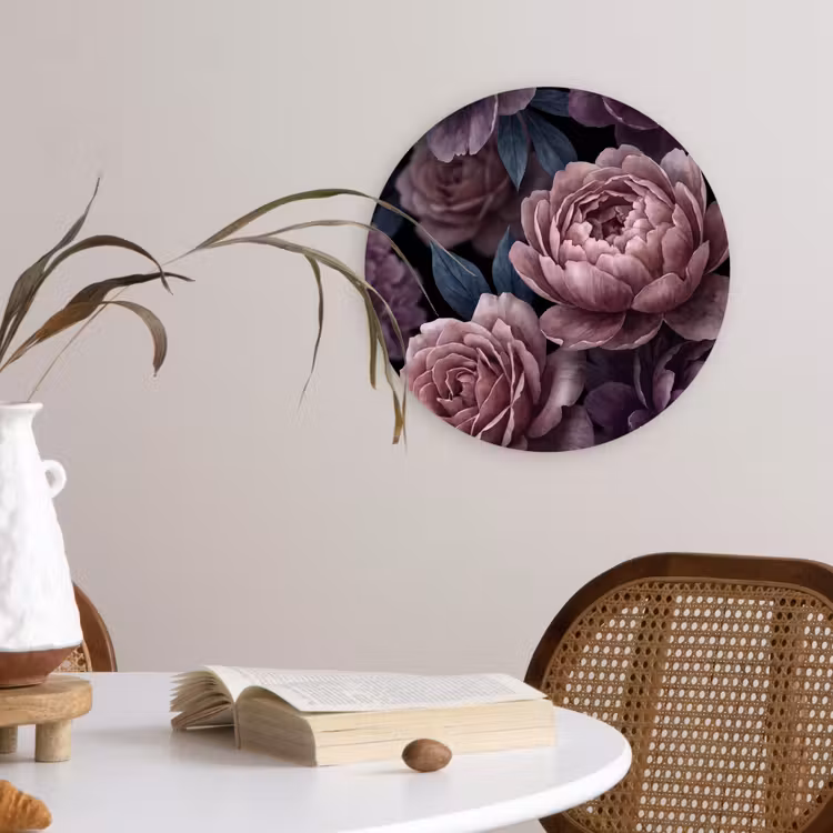 Bloemen - Patroon - Donker - Botanisch - Paars Wandcirkel kunststof plaat 5mm dik klein -sfeer4