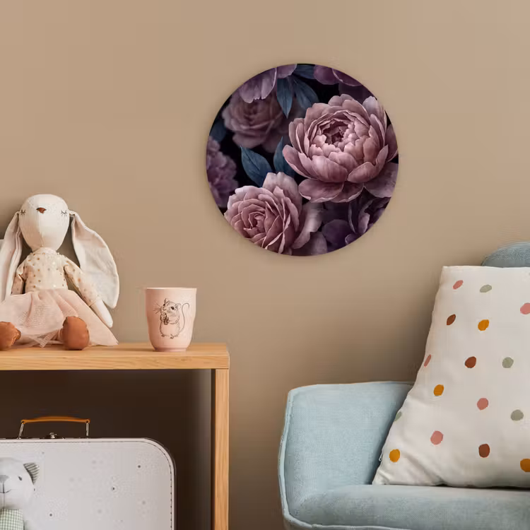 Bloemen - Patroon - Donker - Botanisch - Paars Wandcirkel kunststof plaat 5mm dik klein -tsfeer1_kind