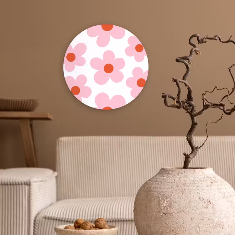 Bloemen - Patroon - Modern - Roze - Wit Wandcirkel kunststof plaat 5mm dik klein -sfeer1