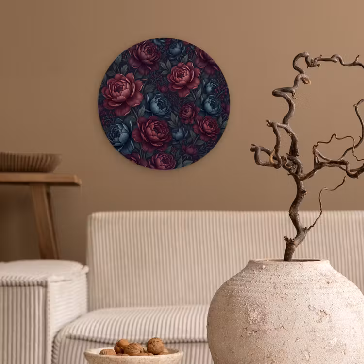 Bloemen - Patroon - Natuur - Klassiek - Donker Wandcirkel kunststof plaat 5mm dik klein -sfeer1