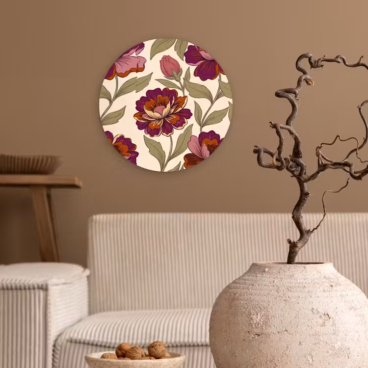 Bloemen - Patroon - Natuur - Modern - Paars Wandcirkel kunststof plaat 5mm dik klein -sfeer1