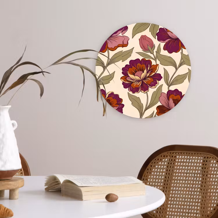 Bloemen - Patroon - Natuur - Modern - Paars Wandcirkel kunststof plaat 5mm dik klein -sfeer4