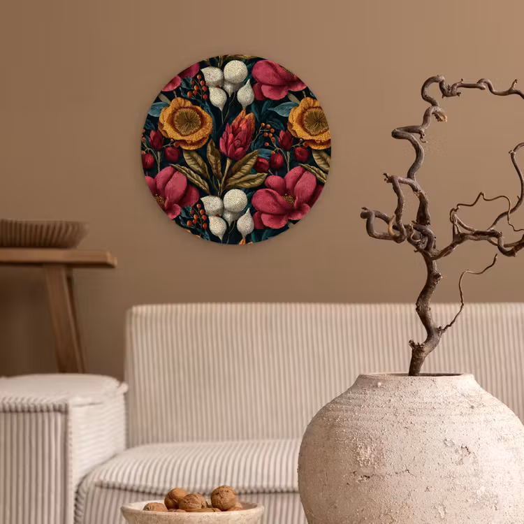 Bloemen - Patroon - Rood - Goud Wandcirkel kunststof plaat 5mm dik klein 188 -sfeer1