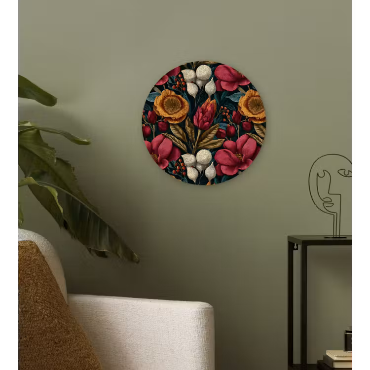 Bloemen - Patroon - Rood - Goud Wandcirkel kunststof plaat 5mm dik klein 188 -sfeer3