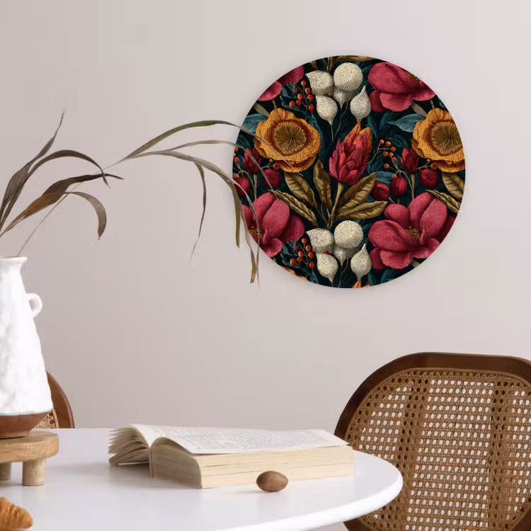 Bloemen - Patroon - Rood - Goud Wandcirkel kunststof plaat 5mm dik klein 188 -sfeer4