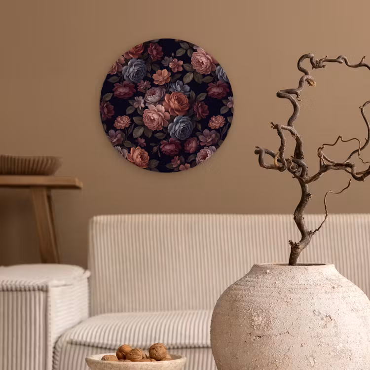 Bloemen - Patroon - Vintage - Donker - Roze Wandcirkel kunststof plaat 5mm dik klein -sfeer1