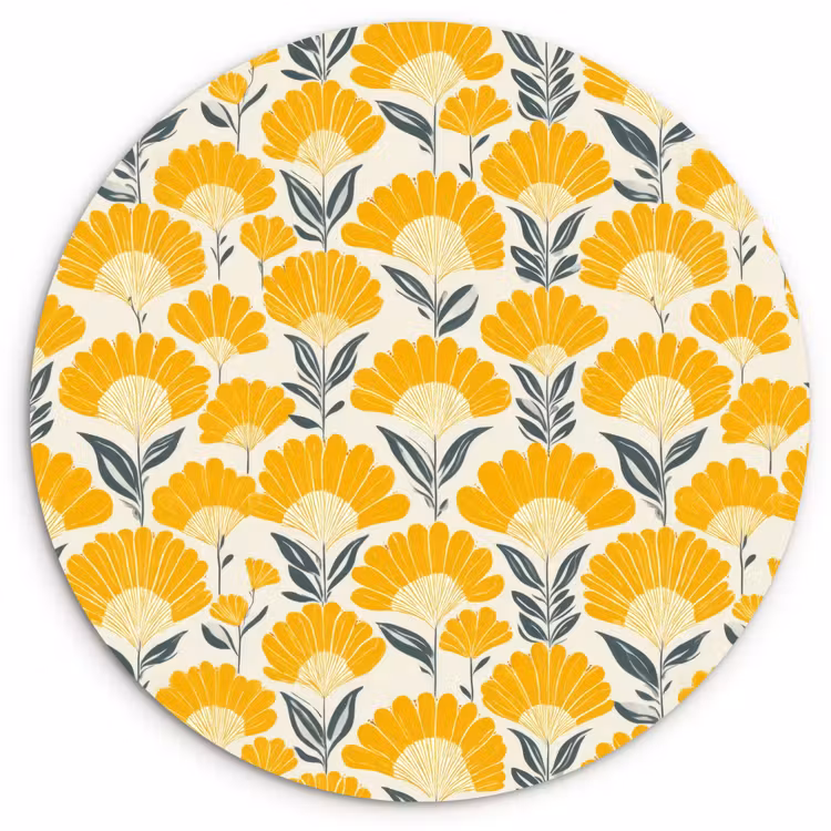 Bloemen - Retro - Botanisch - Okergeel - Grijs Wandcirkel kunststof plaat 5mm dik klein 188 -3d