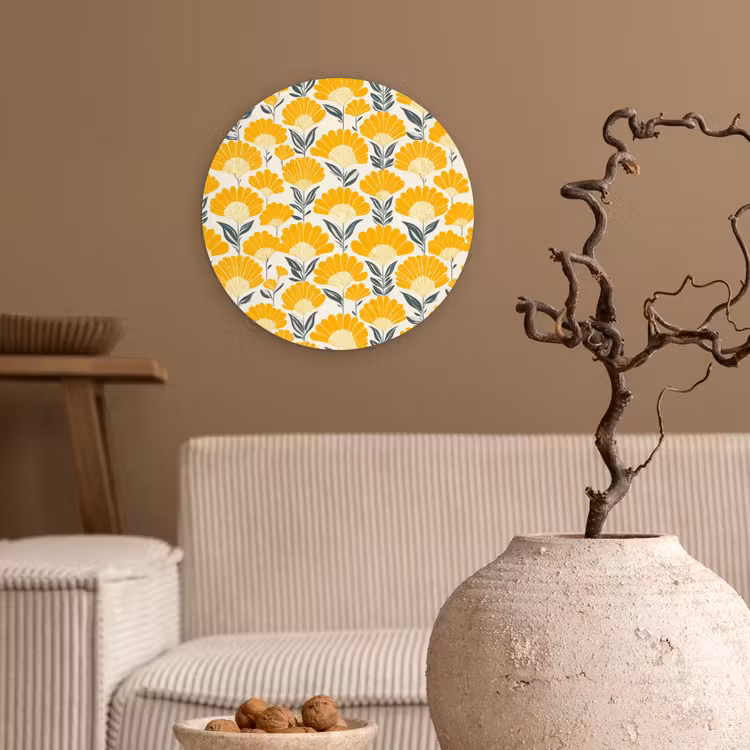 Bloemen - Retro - Botanisch - Okergeel - Grijs Wandcirkel kunststof plaat 5mm dik klein 188 -sfeer1