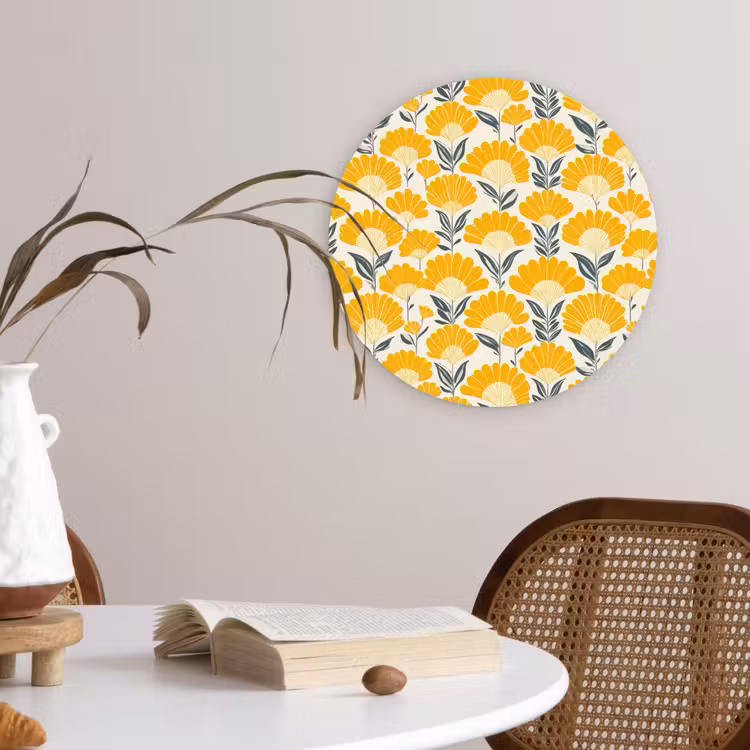 Bloemen - Retro - Botanisch - Okergeel - Grijs Wandcirkel kunststof plaat 5mm dik klein 188 -sfeer4