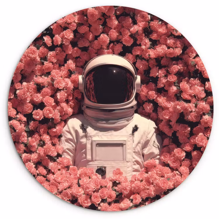 Bloemen - Roze - Astronaut Wandcirkel kunststof plaat 5mm dik klein -3d