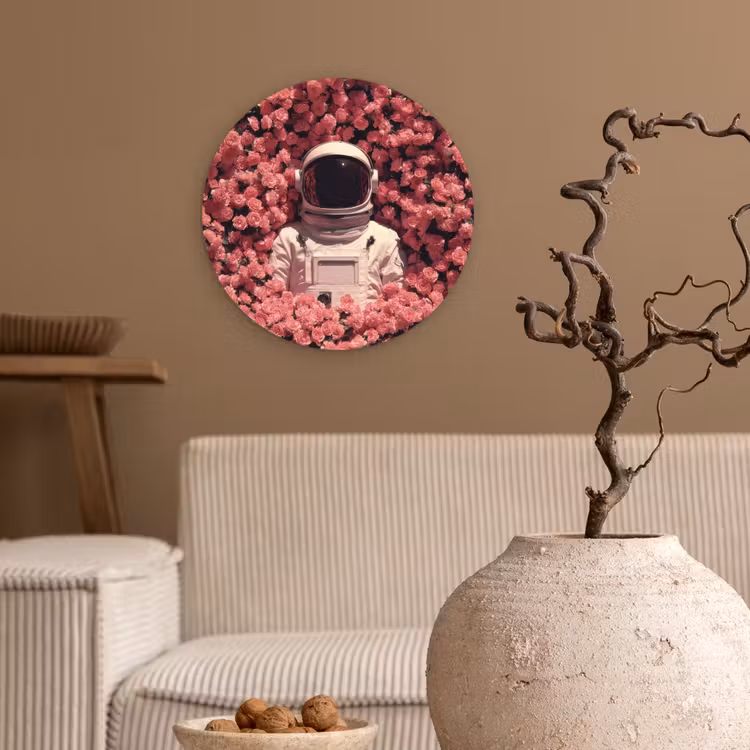 Bloemen - Roze - Astronaut Wandcirkel kunststof plaat 5mm dik klein -sfeer1
