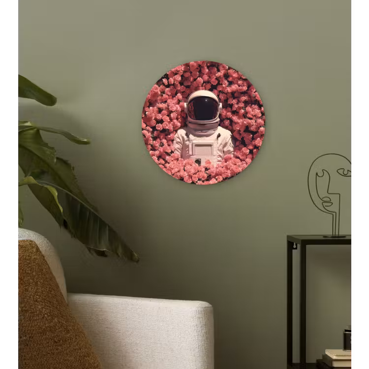 Bloemen - Roze - Astronaut Wandcirkel kunststof plaat 5mm dik klein -sfeer3