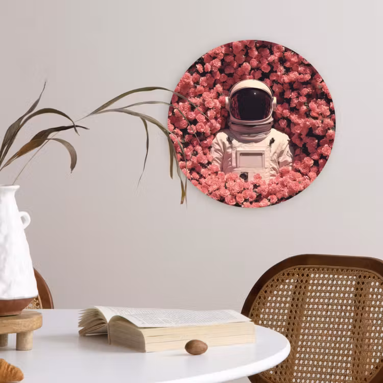 Bloemen - Roze - Astronaut Wandcirkel kunststof plaat 5mm dik klein -sfeer4