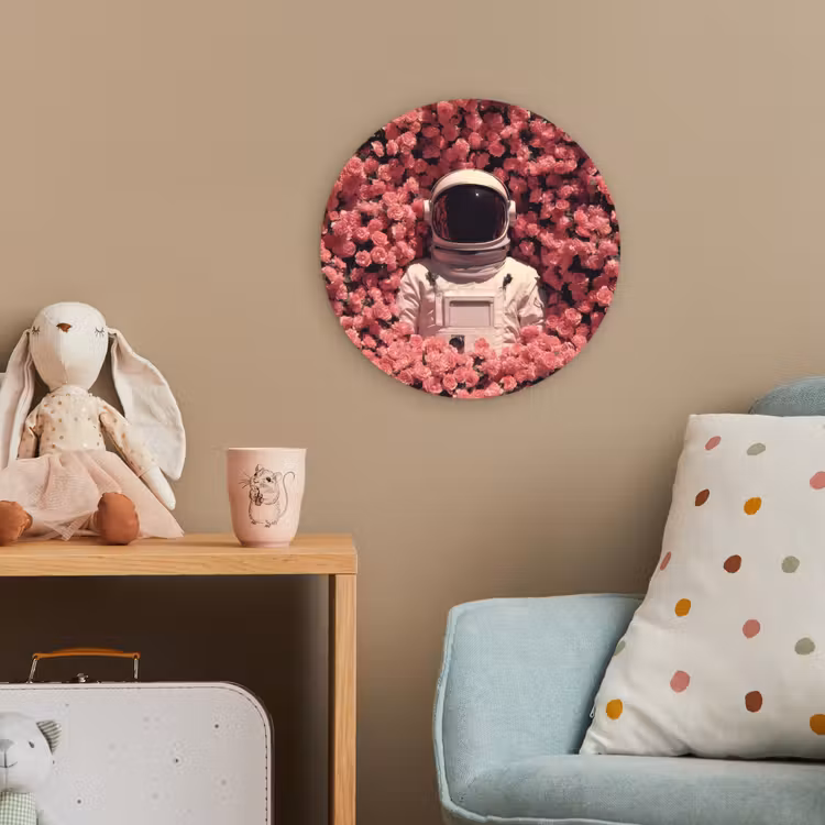 Bloemen - Roze - Astronaut Wandcirkel kunststof plaat 5mm dik klein -tsfeer1_kind
