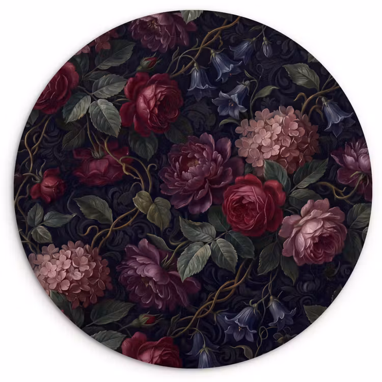 Bloemen - Rood - Klassiek - Donker - Patroon Wandcirkel kunststof plaat 5mm dik klein -3d