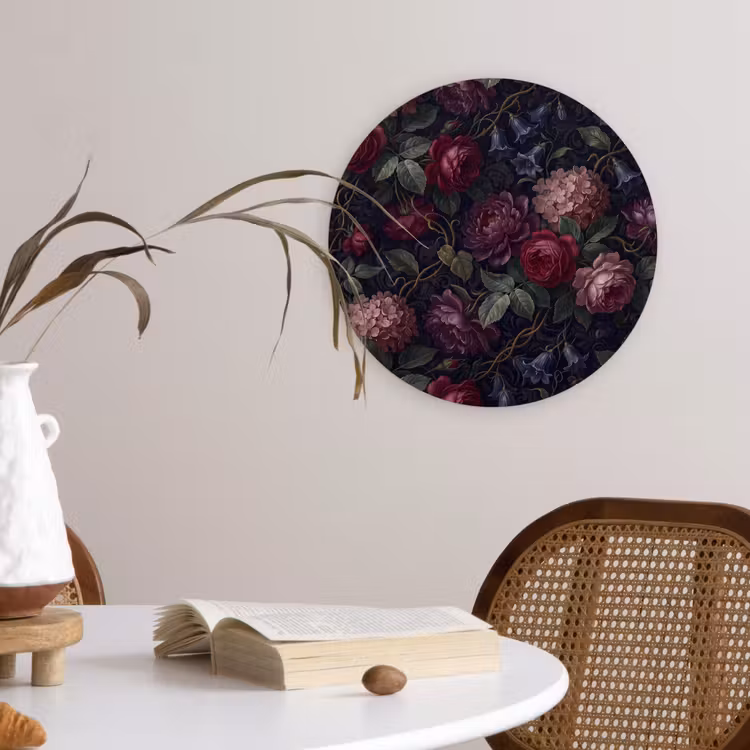 Bloemen - Rood - Klassiek - Donker - Patroon Wandcirkel kunststof plaat 5mm dik klein -sfeer4