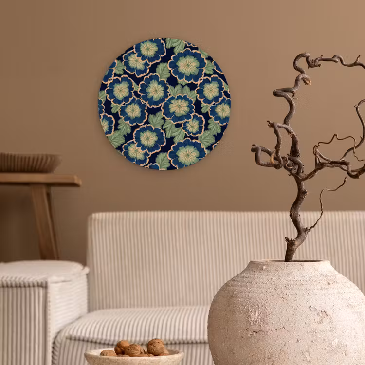 Bloemen - Borduurwerk - Patroon - Blauw - Groen Wandcirkel kunststof plaat 5mm dik klein 188 -sfeer1