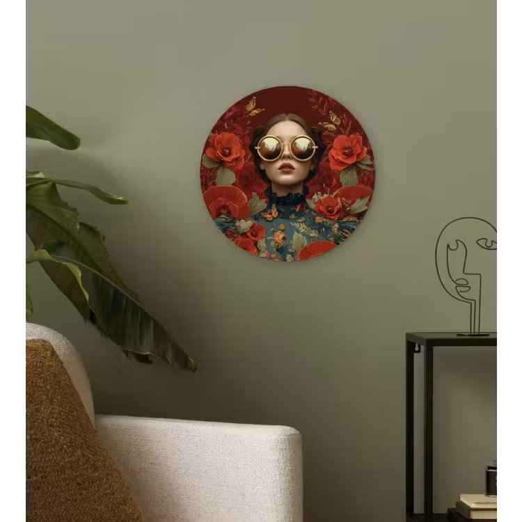 Bloemen - Dieprood - Zonnebril - Vrouw Wandcirkel kunststof plaat 5mm dik klein -sfeer3
