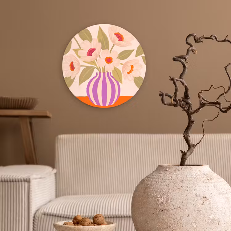 Bloemen - Vaas - Abstract - Paars - Oranje Wandcirkel kunststof plaat 5mm dik klein -sfeer1