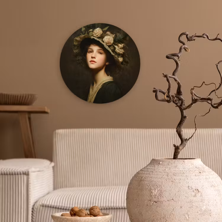 Bloemenhoed - Portret - Vrouw Wandcirkel kunststof plaat 5mm dik klein -sfeer1