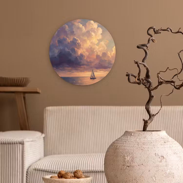 Boot - Zonsondergang - Zee - Natuur - Goud Wandcirkel kunststof plaat 5mm dik klein -sfeer1