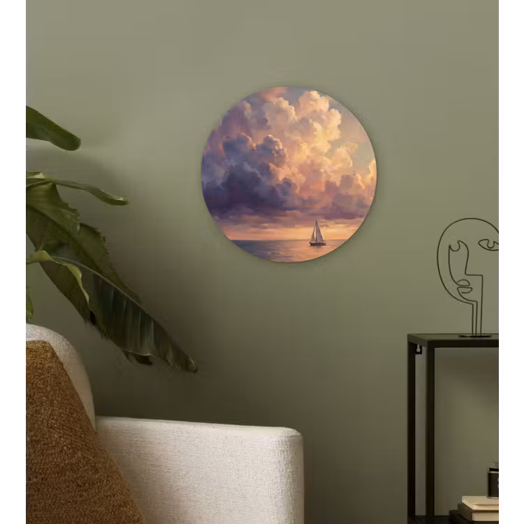 Boot - Zonsondergang - Zee - Natuur - Goud Wandcirkel kunststof plaat 5mm dik klein -sfeer3