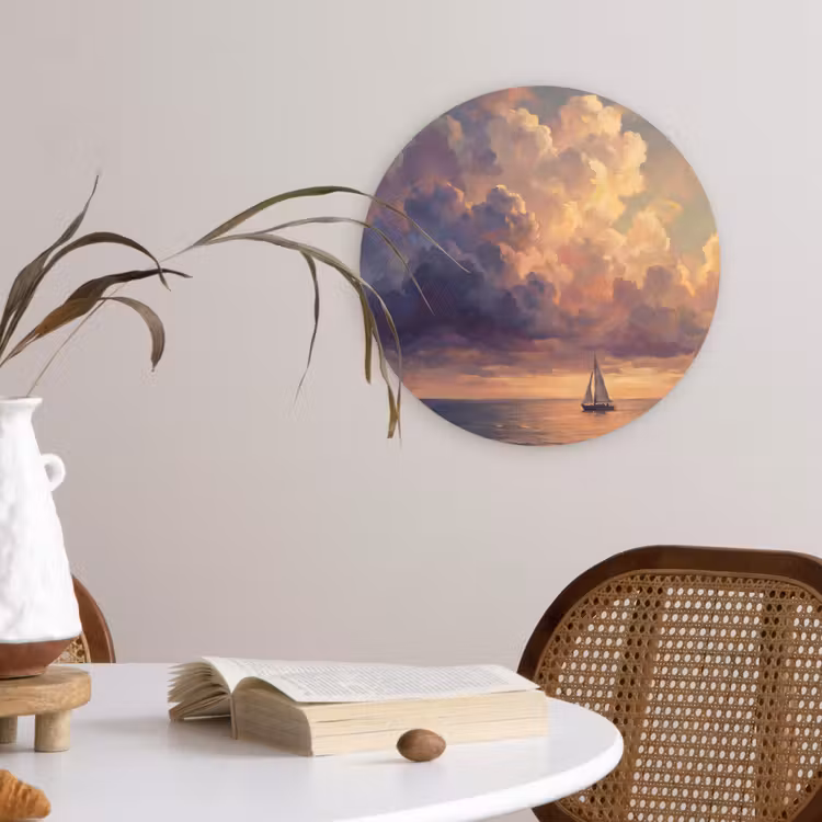 Boot - Zonsondergang - Zee - Natuur - Goud Wandcirkel kunststof plaat 5mm dik klein -sfeer4