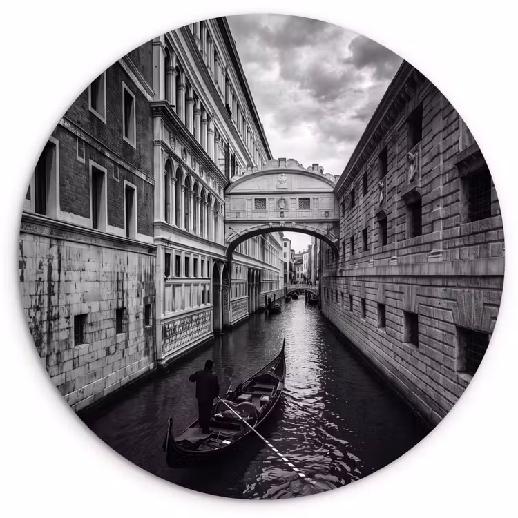 Boot - Waterweg - Stad - Zwart-wit - Architectuur Wandcirkel kunststof plaat 5mm dik klein -3d