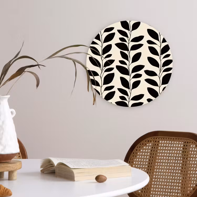 Botanisch - Dessin - Zwart - Beige Wandcirkel kunststof plaat 5mm dik klein 188 -sfeer4