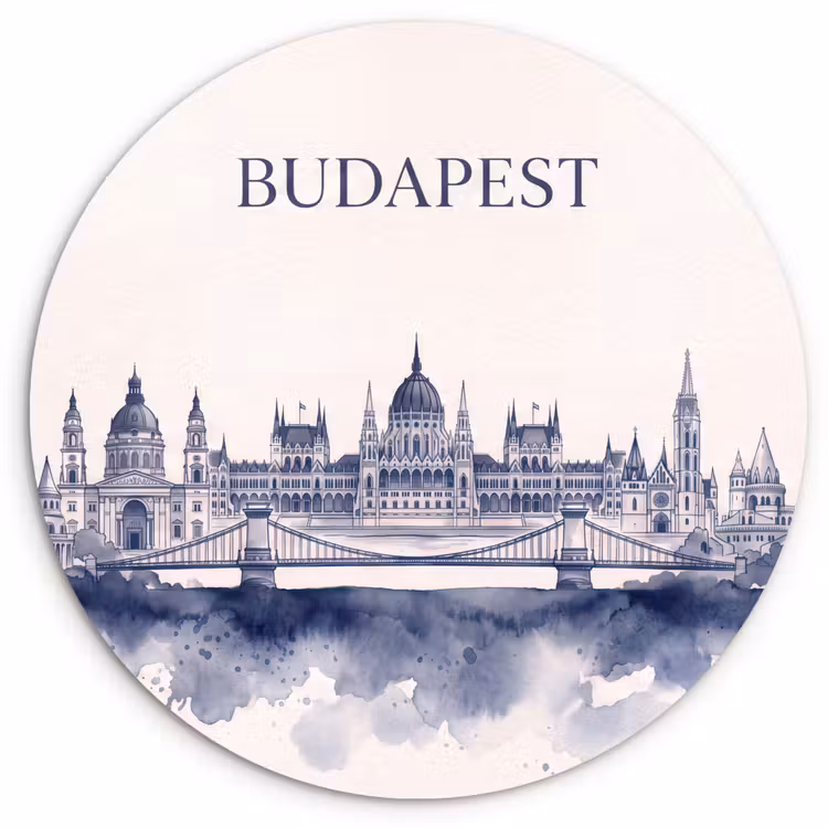 Boedapest - Skyline - Architectuur - Aquarel - Blauw Wandcirkel kunststof plaat 5mm dik klein -3d