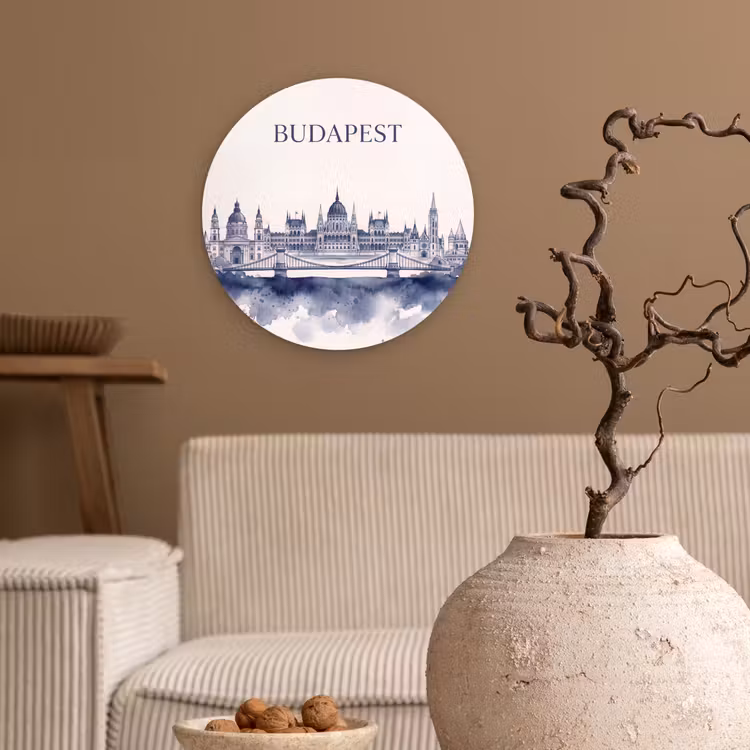 Boedapest - Skyline - Architectuur - Aquarel - Blauw Wandcirkel kunststof plaat 5mm dik klein -sfeer1