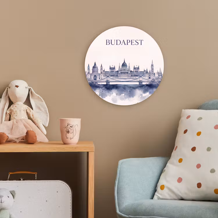 Boedapest - Skyline - Architectuur - Aquarel - Blauw Wandcirkel kunststof plaat 5mm dik klein -tsfeer1_kind