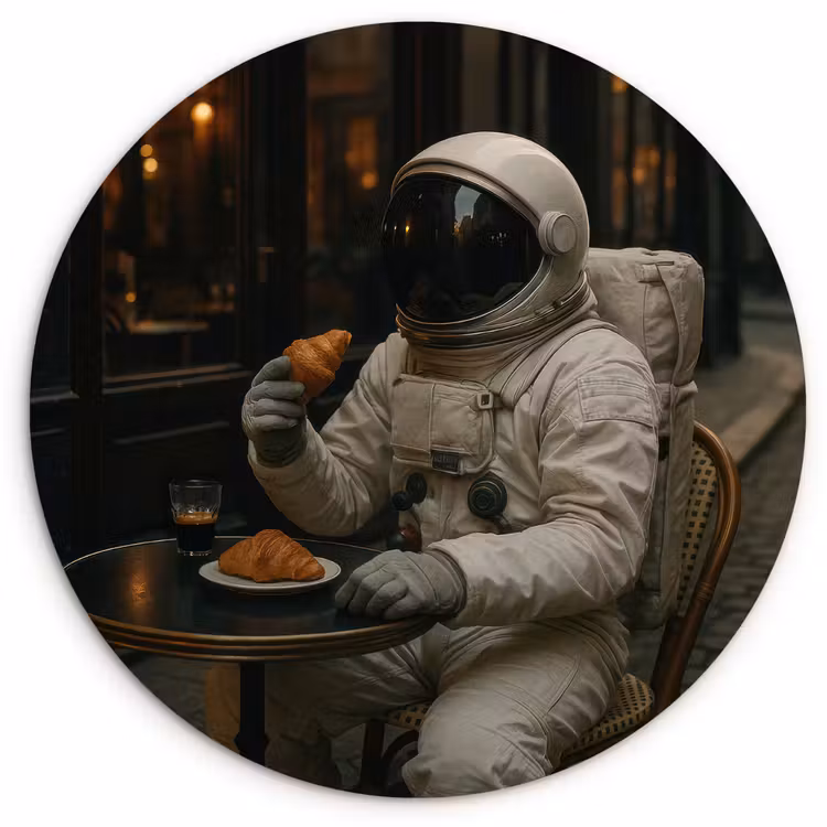 Café - Croissant - Koffie - Astronaut Wandcirkel kunststof plaat 5mm dik klein -3d