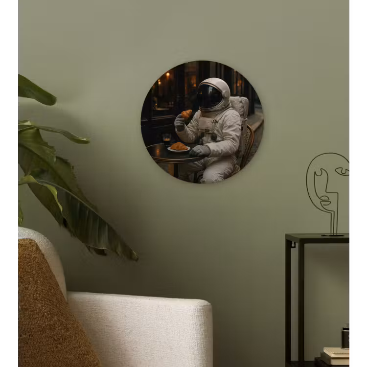 Café - Croissant - Koffie - Astronaut Wandcirkel kunststof plaat 5mm dik klein -sfeer3