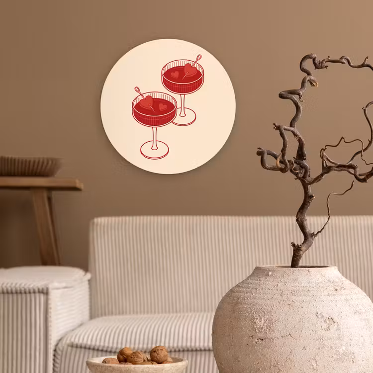 Cocktail - Hartjes - Liefde - Illustratie - Rood Wandcirkel kunststof plaat 5mm dik klein -sfeer1